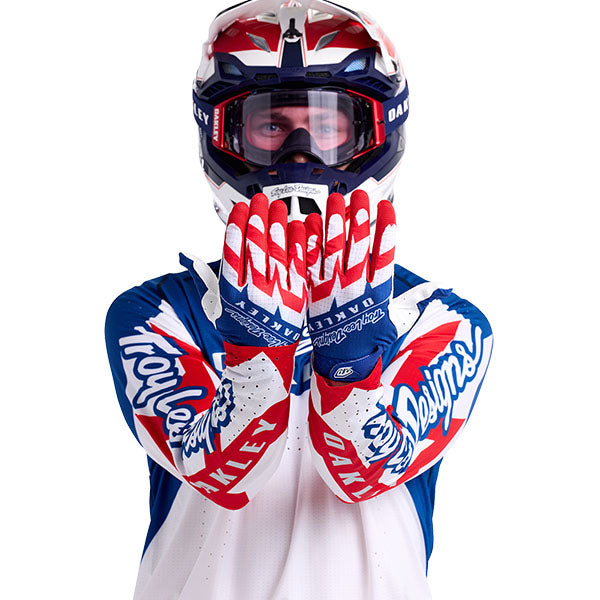 Product image of Troy Lee Designs BTO Sports 0010 TLD M24D2 SE ULTRA AIR GLOVE VISION WHITE BLU 03 0328de9c 733e 493f b808 b2ba3e749967 motocross gloves showing fit, construction, and colorway | Available at BTO Sports