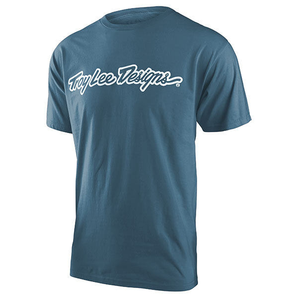 Crisp studio image on a white background of Troy Lee Designs Signature Tee; showing tee fit, printed graphics, and crew neckline; SKU 7019170