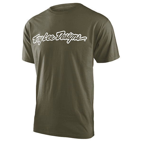 Professional studio photo of Troy Lee Designs Signature Tee; showing tee fit, printed graphics, and crew neckline; SKU 7019170; Sizes: S-2XL