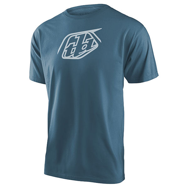Professional studio photo of Troy Lee Designs Badge Tee; showing tee fit, printed graphics, and crew neckline; SKU 7015680; Sizes: S-2XL