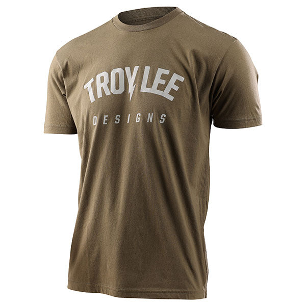 High-resolution studio image of Troy Lee Designs Bolt Tee; showing tee fit, printed graphics, and crew neckline; SKU 7011900; Sizes: S-2XL