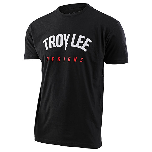 Studio photo on a white background of Troy Lee Designs Bolt Tee; showing tee fit, printed graphics, and crew neckline; SKU 7011900; Sizes: S-2XL