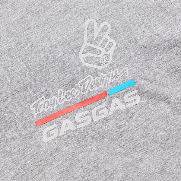Professional studio photo of Troy Lee Designs TLD GasGas Team Core Short Sleeve Tee; showing tee fit, printed graphics, and crew neckline; SKU 7010150