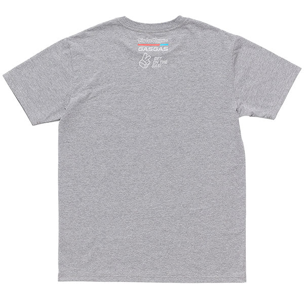 Crisp studio image on a white background of Troy Lee Designs TLD GasGas Team Core Short Sleeve Tee; showing tee fit, printed graphics, and crew neckline