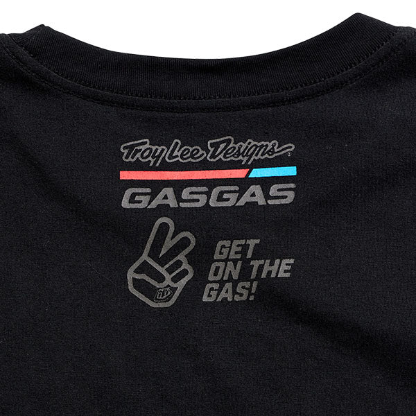 Professional studio photo of Troy Lee Designs TLD GasGas Team Long Sleeve Tee; showing long-sleeve cut, printed graphics, and crew neckline; SKU 7290140