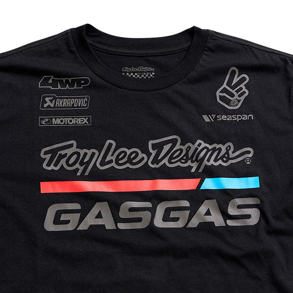 Crisp studio image on a white background of Troy Lee Designs TLD GasGas Team Long Sleeve Tee; SKU 7290140; Colors: SM, MD, LG, XL and more; Sizes: BLACK