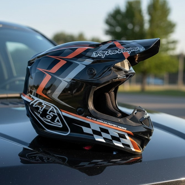 Motocross helmet with checkered design on a car hood Troy Lee Designs - SE4 Polyacrylite Warped Helmet