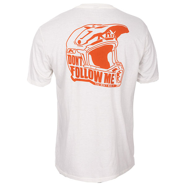 Clean studio shot of Klim Dont Follow Moto T-Shirt; showing tee fit, printed graphics, and crew neckline; SKU 3700-000-120-913; Sizes: S-3XL