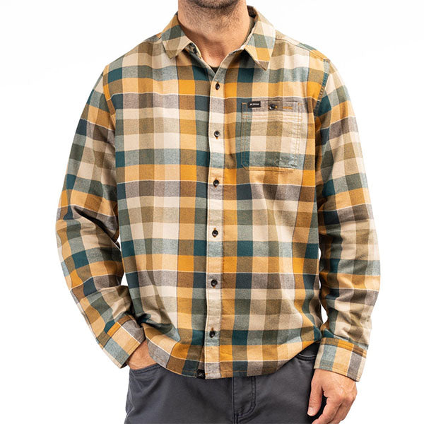 Crisp studio image on a white background of Klim; showing flannel shirt fit, button front, and plaid pattern; SKU 3636-000-170-256