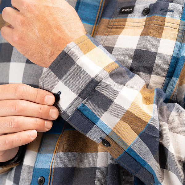 Clean studio shot of Klim Alderson Midweight Flannel Shirt; showing flannel shirt fit, button front, and plaid pattern; SKU 3636-000-120-402