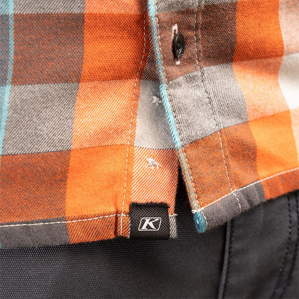 Clean studio shot of Klim Alderson Midweight Flannel Shirt; showing flannel shirt fit, button front, and plaid pattern; SKU 3636-000-120-402