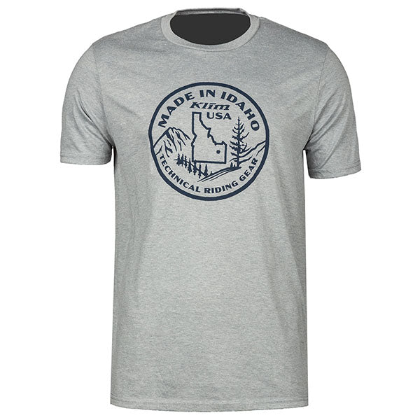 Clean studio shot of Klim Made In Idaho T-Shirt; showing tee fit, printed graphics, and crew neckline; SKU 3704-000-120-080; Sizes: S-3XL