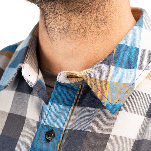 Studio photo on a white background of Klim; showing flannel shirt fit, button front, and plaid pattern; SKU 3636-000-140-256