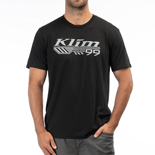 Studio photo on a white background of Klim Foundation Tri-Blend Tee; showing tee fit, printed graphics, and crew neckline; SKU 3690-000-120-134