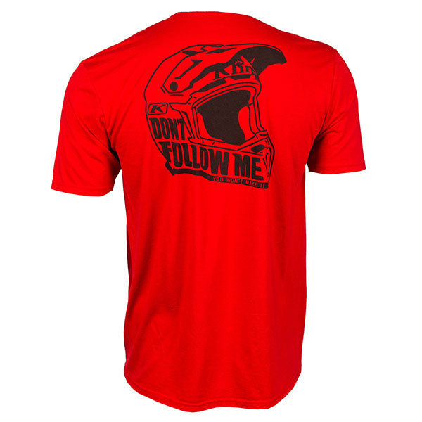 High-resolution studio image of Klim Dont Follow Moto T-Shirt; showing tee fit, printed graphics, and crew neckline; SKU 3700-000-120-913; Sizes: S-3XL