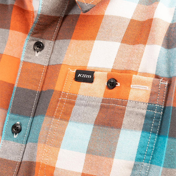 Crisp studio image on a white background of Klim; showing flannel shirt fit, button front, and plaid pattern; SKU 3636-000-130-402