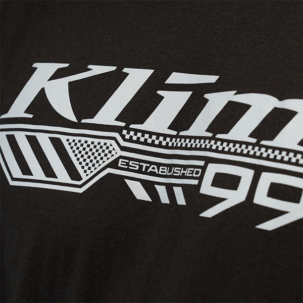 Clean studio shot of Klim Foundation Tri-Blend Tee; showing tee fit, printed graphics, and crew neckline; SKU 3690-000-120-134; Sizes: S-3XL