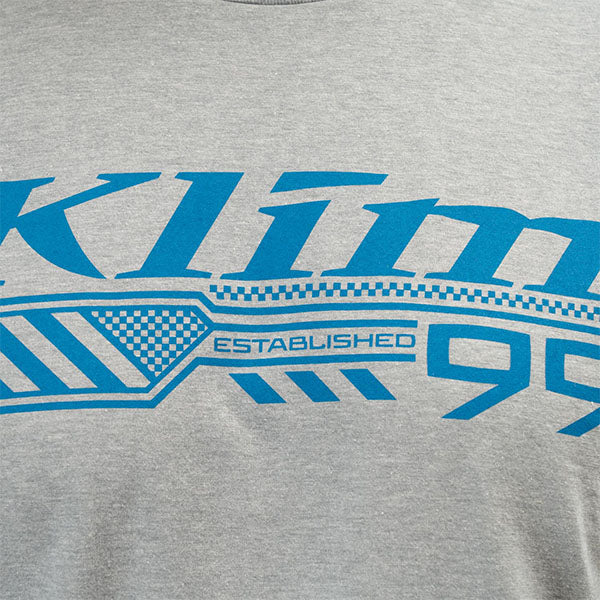 High-resolution studio image of Klim Foundation Tri-Blend Tee; showing tee fit, printed graphics, and crew neckline; SKU 3690-000-120-134; Sizes: S-3XL