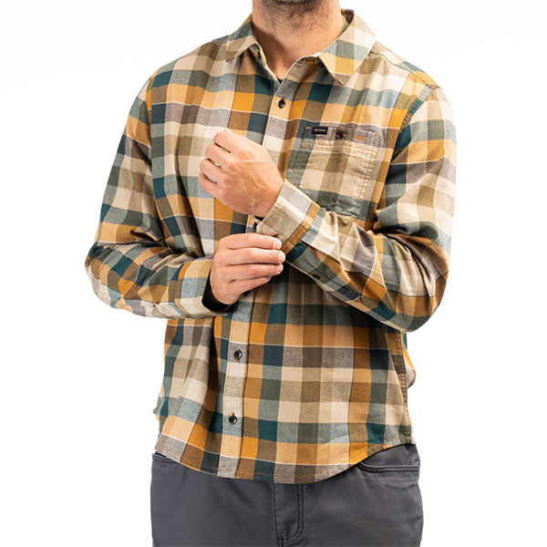 Clean studio shot of Klim Alderson Midweight Flannel Shirt; showing flannel shirt fit, button front, and plaid pattern; SKU 3636-000-120-402