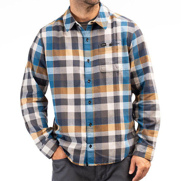 Crisp studio image on a white background of Klim; showing flannel shirt fit, button front, and plaid pattern; SKU 3636-000-120-256