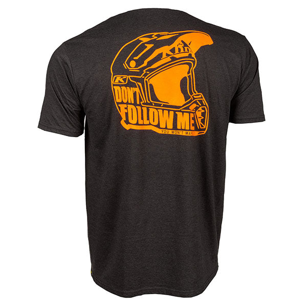 Professional studio photo of Klim Dont Follow Moto T-Shirt; showing tee fit, printed graphics, and crew neckline; SKU 3700-000-120-913; Sizes: S-3XL