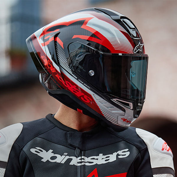 Black/Carbon Red/Gloss White product view, lightweight off‑road motorcycle helmet with ventilation and impact protection