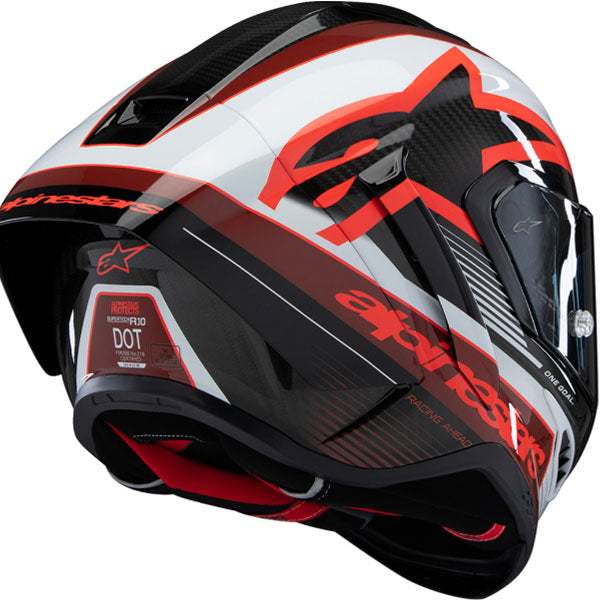 Black/Carbon Red/Gloss White product view, lightweight off‑road motorcycle helmet with ventilation and impact protection