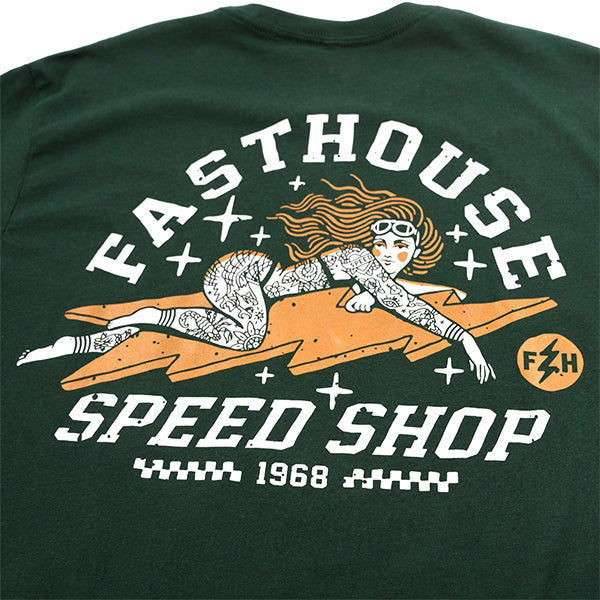 Professional studio photo of Fasthouse Eleanor Tee; showing tee fit, printed graphics, and crew neckline; SKU 3211540004; Colors: Black, Green