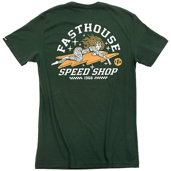 High-resolution studio image of Fasthouse Eleanor Tee; showing tee fit, printed graphics, and crew neckline; SKU 3211540004; Colors: Black, Green