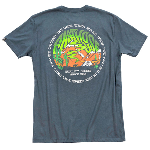 High-resolution studio image of Fasthouse Nomad Tee; showing tee fit, printed graphics, and crew neckline; SKU 3211520004; Colors: Black, Indigo