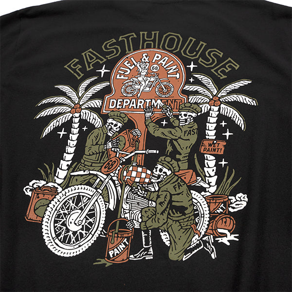 High-resolution studio image of Fasthouse Macabre Tee; showing tee fit, printed graphics, and crew neckline; SKU 3211530004; Colors: Black, Nomal