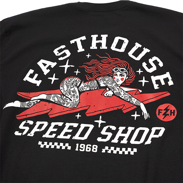 Studio photo on a white background of Fasthouse Eleanor Tee; showing tee fit, printed graphics, and crew neckline; SKU 3211540004; Colors: Black, Green
