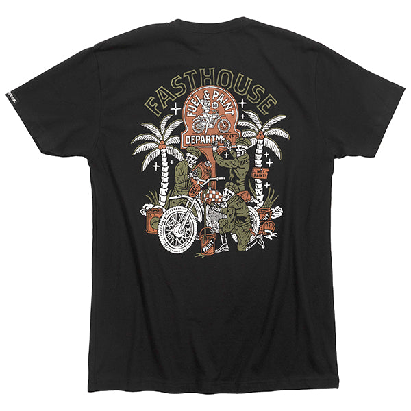 Studio photo on a white background of Fasthouse Macabre Tee; showing tee fit, printed graphics, and crew neckline; SKU 3211530004; Colors: Black, Nomal