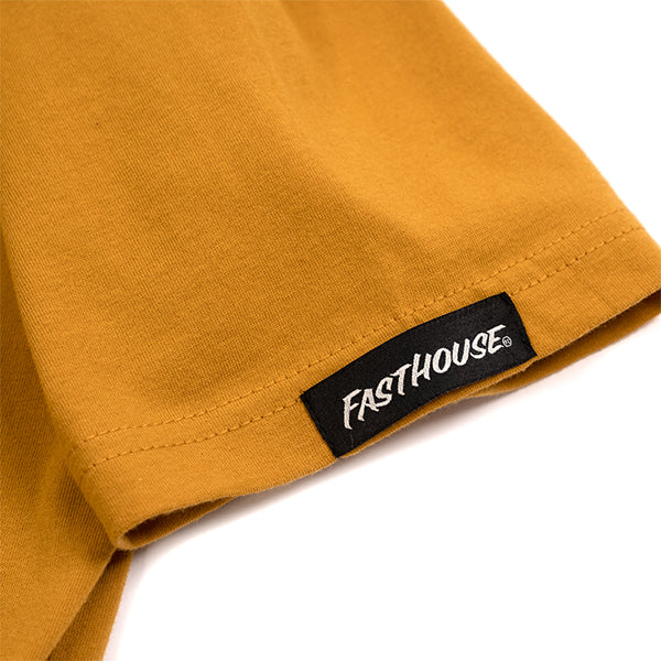 Professional studio photo of Fasthouse Members Only Tee; showing tee fit, printed graphics, and crew neckline; SKU 3211790004; Colors: Black, Gold