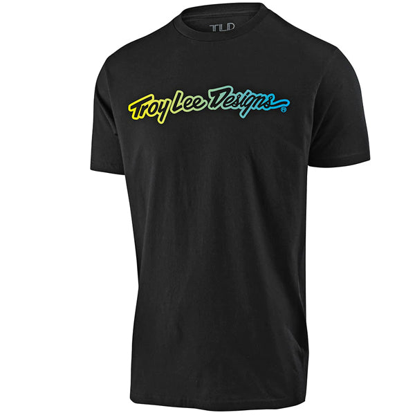 High-resolution studio image of Troy Lee Designs Signature Tee (Youth); showing tee fit, printed graphics, and crew neckline; SKU 724807002