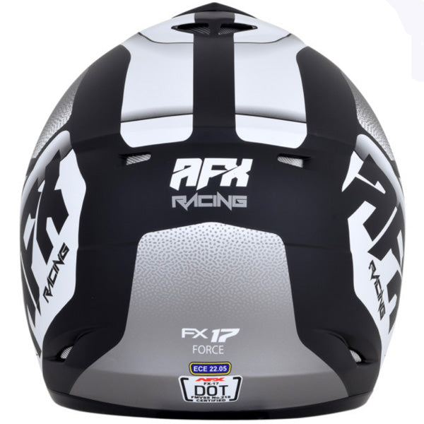 AFX street motorcycle full‑face helmet black white rear view — lightweight, ventilated shell for impact protection and everyday riding comfort, SKU '01105198.