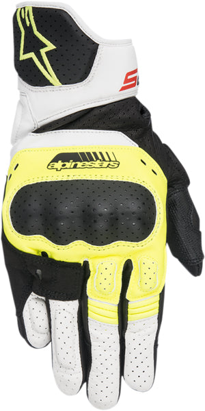 Product image of Alpinestars 18 sp5 leather glove black yellow white motocross gloves showing fit, construction, and colorway | Available at BTO Sports