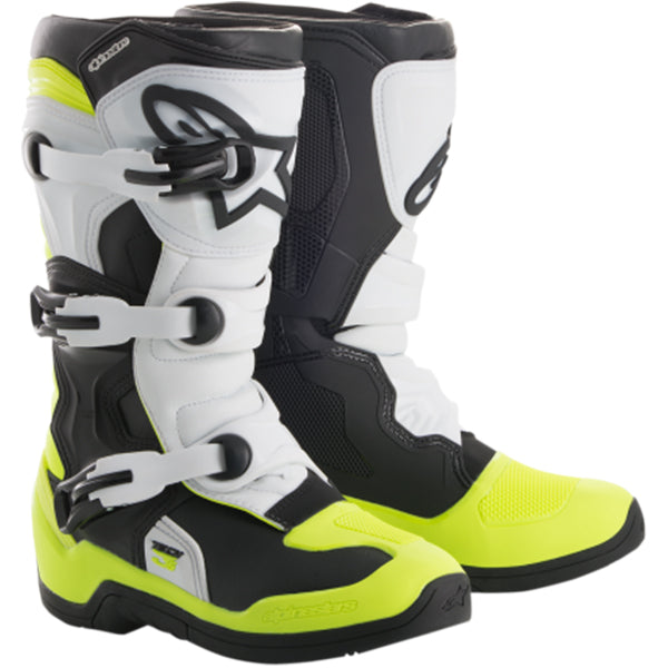 Product image of alpinestars 2018 tech 3s boot youth black white yellow motocross boots showing design and colorway | Available at BTO Sports