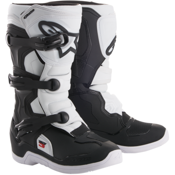 Product image of alpinestars 2018 tech 3s boot youth black white motocross boots showing design and colorway | Available at BTO Sports