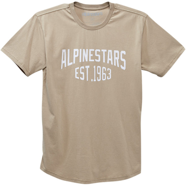 Clean studio shot of Alpinestars Arched Premium T-Shirt; showing tee fit, printed graphics, and crew neckline; SKU 3030193; Colors: Khaki, Black