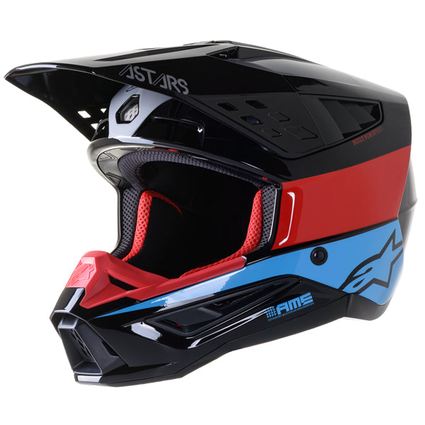Black/Red/Cyan Gloss product view, lightweight off‑road motorcycle helmet with ventilation and impact protection