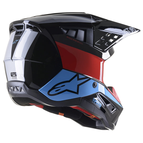 Black/Red/Cyan Gloss product view, lightweight off‑road motorcycle helmet with ventilation and impact protection