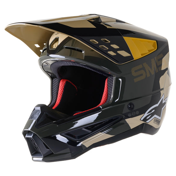 Sand/Tangerine/Camo product view, lightweight off‑road motorcycle helmet with ventilation and impact protection