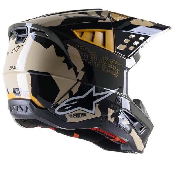 Sand/Tangerine/Camo product view, lightweight off‑road motorcycle helmet with ventilation and impact protection