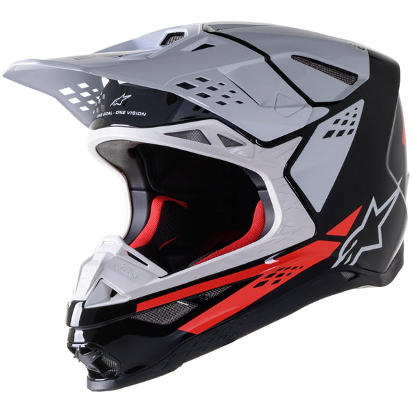 Black/White/red Gloss product view, lightweight off‑road motorcycle helmet with ventilation and impact protection