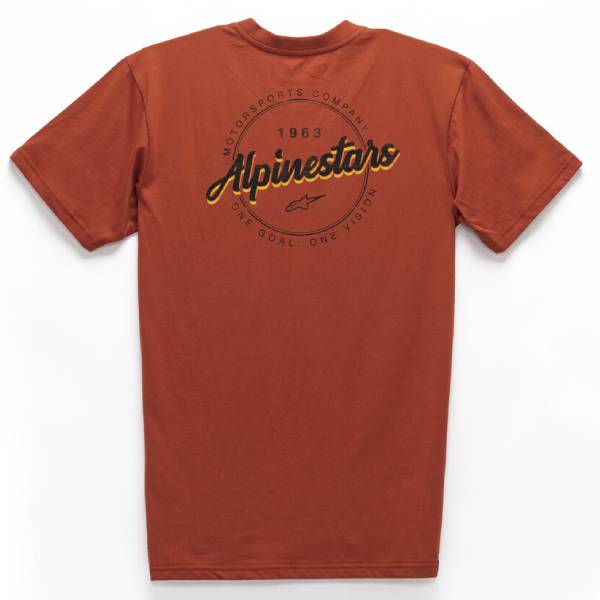 High-resolution studio image of Alpinestars Turnpike Tee; showing tee fit, printed graphics, and crew neckline; SKU 3030201; Colors: RED, BLUE