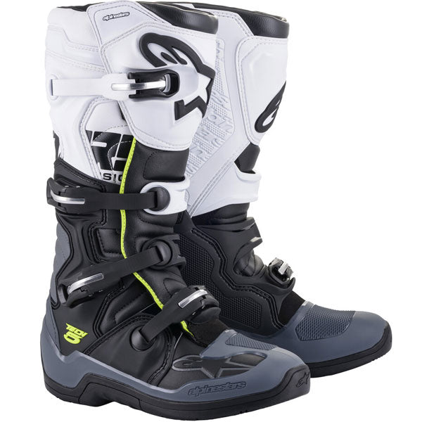 Product image of alpinestars tech 5 boot black grey white 6d880c8d f46e 4546 9402 a527ac179b7a motocross boots showing design and colorway | Available at BTO Sports