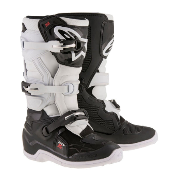 Product image of alpinestars tech7s blackwhite boot f4c28419 8f7a 4ab7 8437 10193fb22646 motocross boots showing design and colorway | Available at BTO Sports