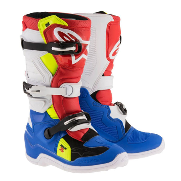 Product image of alpinestars tech7s blueredyellow boot 984b8ab7 8b87 4964 b1e8 e3cea4ebefe2 motocross boots showing design and colorway | Available at BTO Sports
