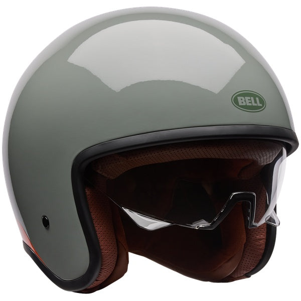 Bell TX501 Sprint helmet in Stone, right-front view with drop-down sun shield and brown liner